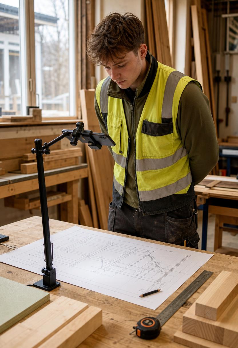 Tømrerelev studerer en byggetegning, mens en telefon på stativ dokumenterer tegningen