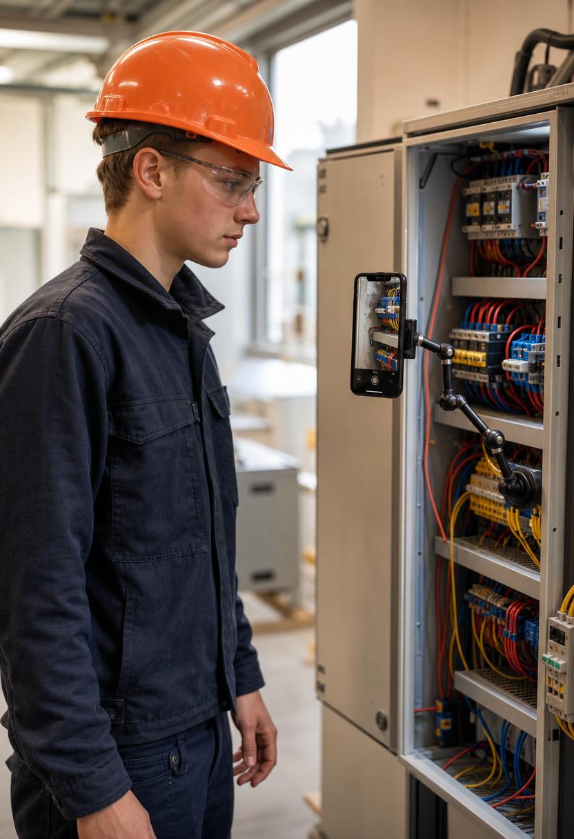 Elektrikerelev undersøger en el-tavle, mens en telefon på stativ dokumenterer arbejdet