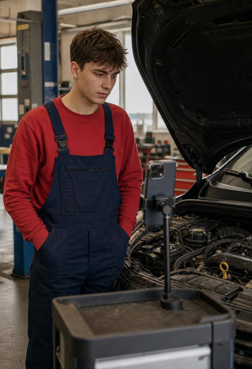 Mekanikerelev undersøger en motor, mens en telefon på stativ dokumenterer arbejdet